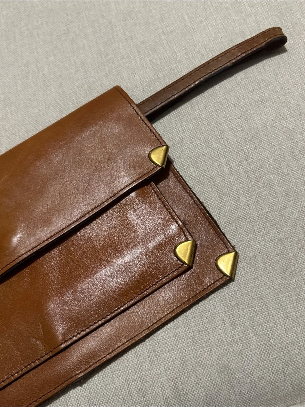 Vintage Leather Envelope Style Clutch with Hidden Wristlet Strap-Metal Corners